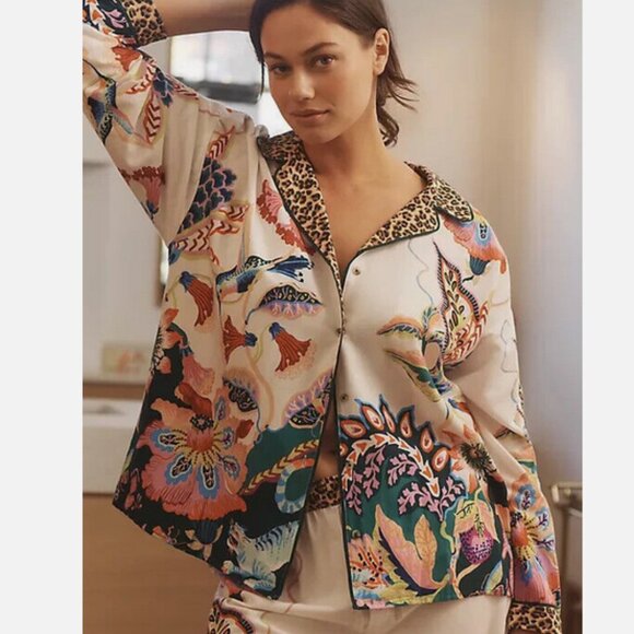Anthropologie Sarah Gordon Floral Flannel Buttondown Pajama Top Shirt L NWT Pj